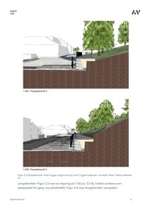 Tegning som viser to perspektivsnitt (A og C) av et terreng- eller vegprosjekt, inkludert trappetrinn og overgang mellom nivåer.