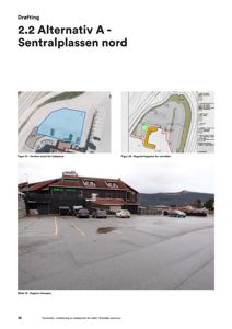 Fotografier av et ladepunkt-område, inkludert en situasjonsfoto og en tegnet oversikt over ladeplasser.