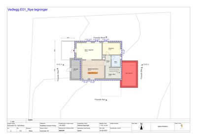 Etasjeplan (kjeller) som viser romfordeling, arealer og fasader.