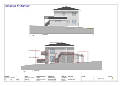 Fasadetegning som viser bygningens utseende fra øst og sør, inkludert takform, vinduer, balkonger og terrengforhold.