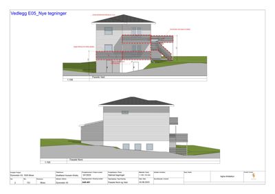 Fasadetegning (Fasade Vest og Fasade Nord) med mål, detaljer og tegningsnummer.