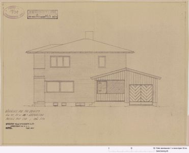 Fasadetegning som viser fronten på en bolig med garasje.