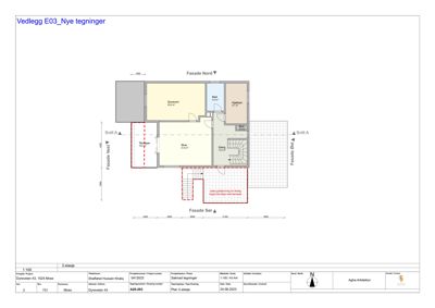 Etasjeplan for 2. etasje som viser romfordeling (soverom, stue, gang, bad) og fasader.