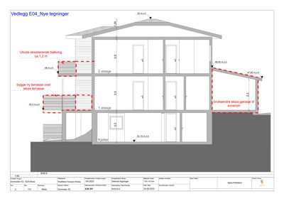 Snittegning (Snitt A-A) som viser bygningens tverrsnitt gjennom kjeller, 1. etasje og 2. etasje, inkludert høydemål og endringer i fasade.