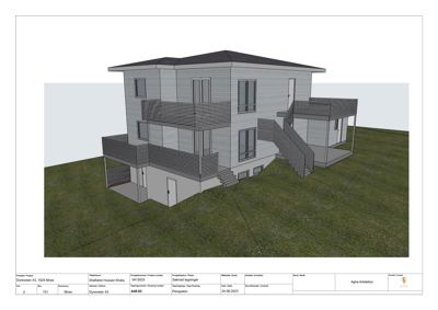 3D-visualisering (perspektiv) av en planlagt bygning med omgivelser.