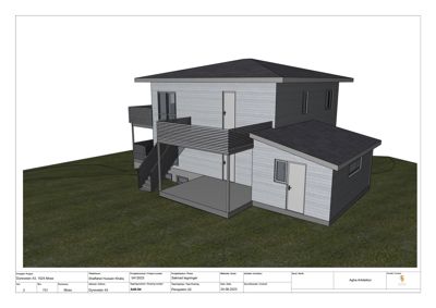 3D-visualisering av et hus med omgivende terreng