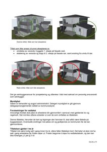 Fotografi av en 3D-modell av en bygning med markerte tiltak (grønne og røde sirkler) og tilhørende tekst om aksepterte og ikke-aksepterte tiltak.