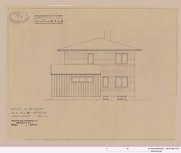 Fasadetegning av en toetasjes bygning med skisse over takform, vinduer og fasadepaneling.