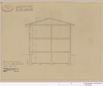 Snittegning som viser bygningens tverrsnitt med mål på etasjer og fundament.
