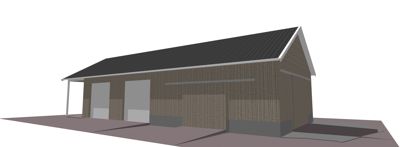 3D-visualisering av en planlagt bygning (garasje eller uthus) sett fra siden.