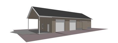 3D-visualisering av en lang, lav bygning med flere garasjeporter og en overdekt inngang.