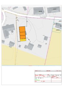 Situasjonsplan som viser eiendommen Gnr 30 Bnr 4 med en planlagt driftsbygning (markert i oransje/gul) i forhold til nabolaget, vegger og eiendomsgranser.