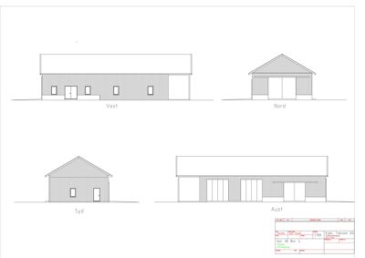Fasadetegning som viser bygningens utseende fra fire sider: Vest, Nord, Syd og Aust.