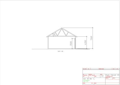 Snittegning (Snitt AA) som viser tverrsnittet av en bygning med mål på høyder og takkonstruksjon.