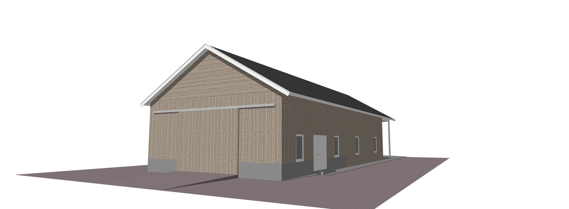 3D-visualisering (rendering) av en planlagt bygning sett fra en vinkel som viser fasade og deler av siden.