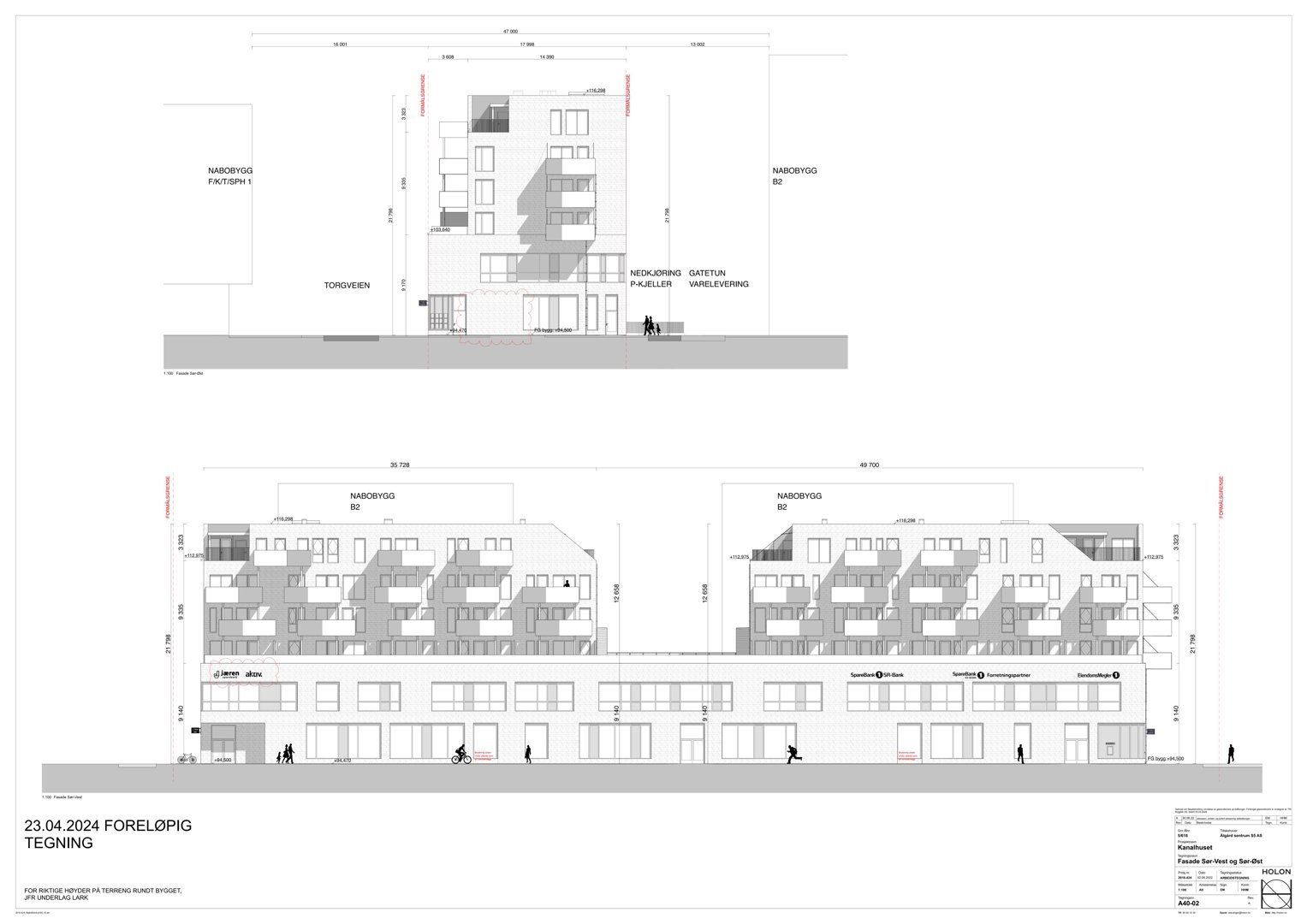 Fasadetegning som viser bygningens utseende fra fronten, inkludert vinduer, balkonger og høydeangivelser.
