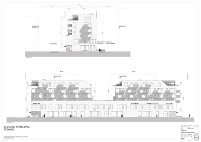 Fasadetegning som viser bygningens utseende fra fronten, med oppriss av vinduer, balkonger og fasadefarge.