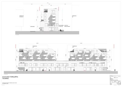 Fasadetegning som viser bygningens utseende sett fra gaten, med mål og naboegenskaper.