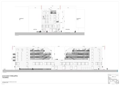 Fasadetegning som viser bygningens utseende fra fronten, inkludert vinduer, balkonger og fasadefarge.