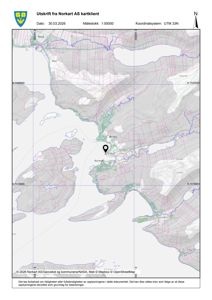 Kart fra Norkart AS som viser et geografisk område med topografi, vannveier og byer (Ørnes, Korsvika, etc.).