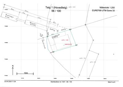 Situasjonsplan som viser eiendomsgrenser, eiendomsnummer, høydemål, og nabolagsgrenser.