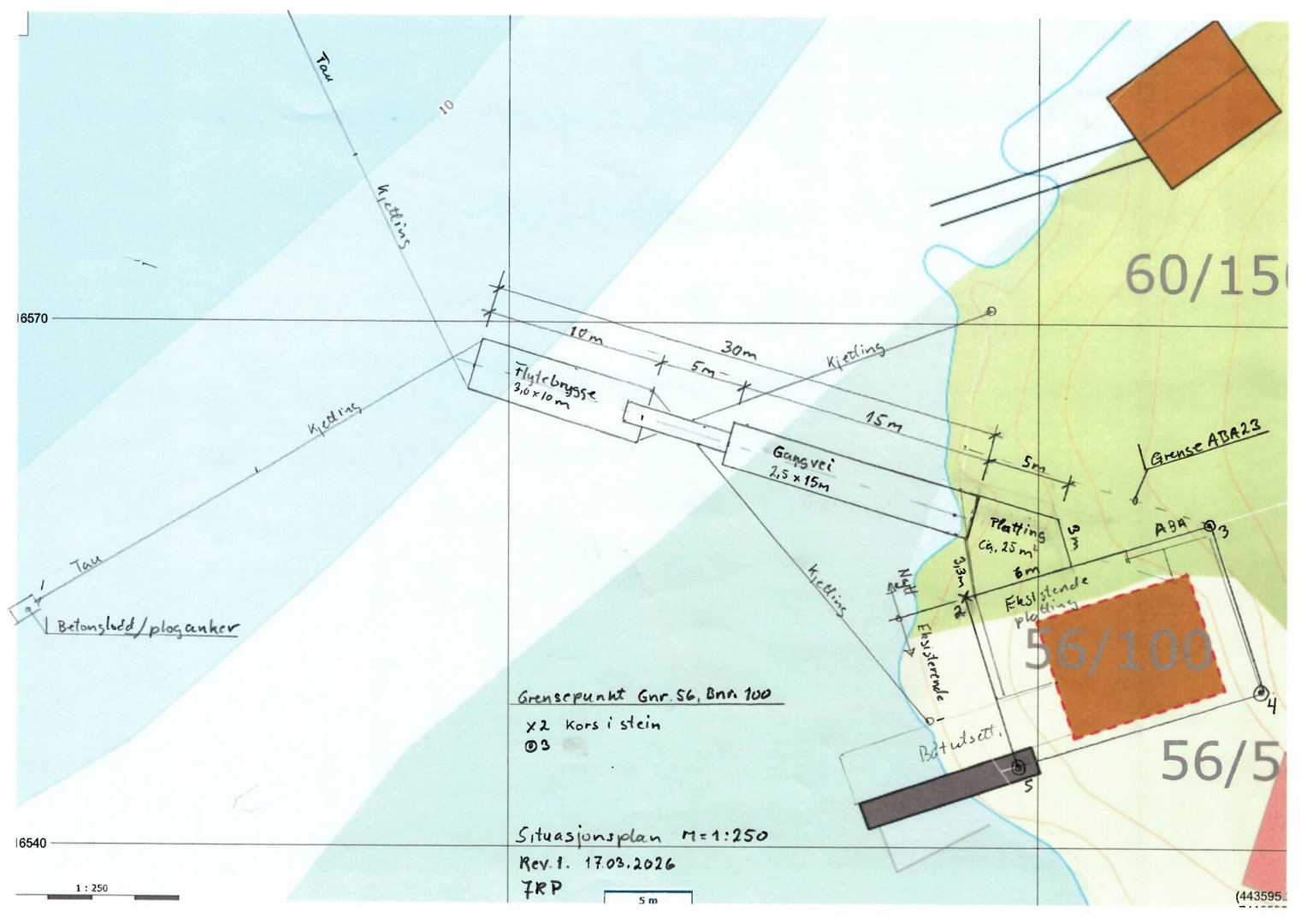 Situasjonsplan som viser tomtens beliggenhet, grenser, naboeiendommer og planlagt bebyggelse med angitte mål.