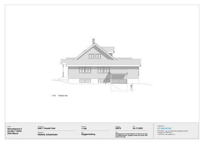 Fasadetegning av en villa sett fra vest (Fasade Vest). Tegningen viser bygningens utseende, takform, vinduer og en del dimensjoner.