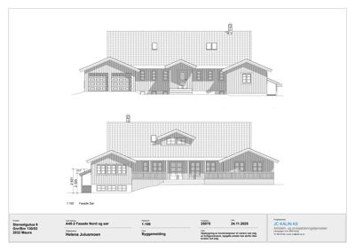 Fasadetegning som viser bygningens utseende fra nord og sør.