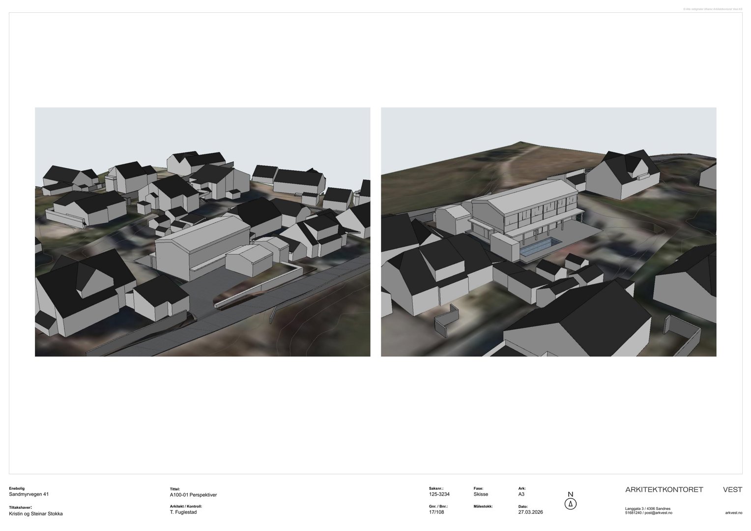 3D-visualisering (rendering) av et nytt bygg sett i forhold til eksisterende bebyggelse og terreng.