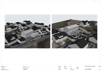 3D-visualisering (rendering) av et nytt bygg sett i forhold til eksisterende bebyggelse og terreng.