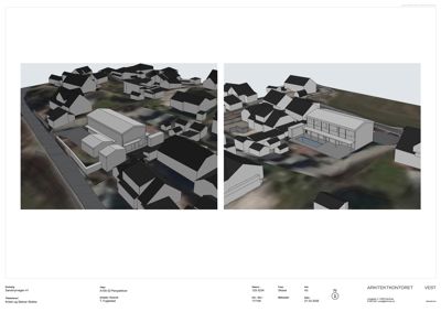 3D-visualisering (rendering) av et nytt bygg i et eksisterende nabolag, vist fra to ulike perspektiver.