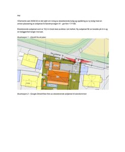 Situasjonsplan som viser eksisterende og planlagt avkjørsel, samt plassering av bygninger på eiendommen.