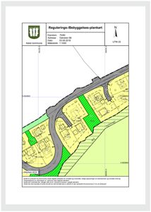 Regulerings-/Bebyggelses-plankart som viser eiendomsinndeling, bebyggelse og arealbruk i et område.