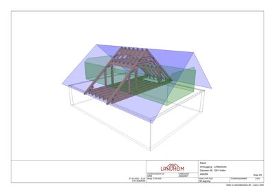 3D-visualisering av et takstolssystem med gjennomsiktige farger for å vise konstruksjonen.