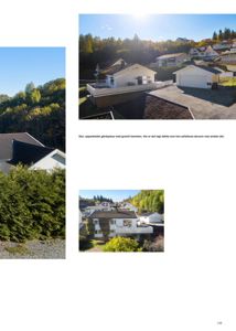 Fotografier av en bolig og dens omgivelser, inkludert en opparbeidet gårdsplass og nabolag.