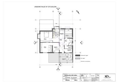 Etasjeplan for underetasjen av en bolig, som viser romfordeling, veggposisjon og møblering.