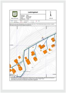 Ledningskart som viser kommunale vann- og avløpsledninger i et område med flere boliger.