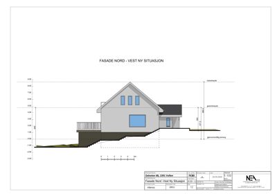 Fasadetegning som viser bygningens utseende sett fra nord-vest, inkludert høydeangivelser og terrengforhold.