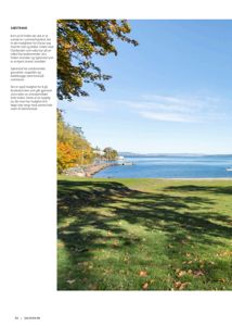 Fotografi av et kystlandskap med grønt gress, trær og vann i bakgrunnen.