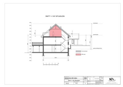 Snittegning (Snitt 1-1) som viser bygningens tverrsnitt, høyder og konstruksjon.