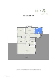 Etasjeplan for 1. etasje som viser romfordeling med stue, kjøkken, soverom, bad og entre.