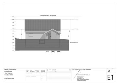 Fasadetegning som viser bygningens utseende sett fra sør-vest, inkludert høydeangivelser og terrengforhold.