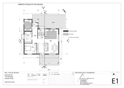 Etasjeplan for første etasje som viser romfordeling, vegger og møbler.