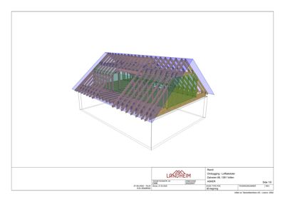 3D-visualisering av et takstolssystem med fargekodet informasjon om materialer og konstruksjon.