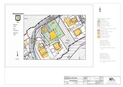 Situasjonsplan som viser tomt, bygninger, veggrenser og arealoppdelinger for eiendommen Dalveien 68.