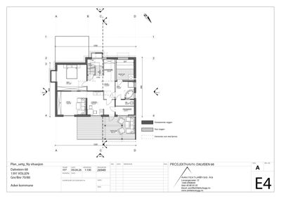 Etasjeplan (plan utg. Ny situasjon) som viser romfordeling, vegger og dimensjoner for en bolig.