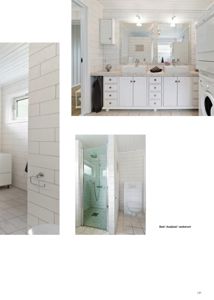 Fotografier av et bad med dusj, vask og toalett.