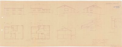 En arkitekttegning som viser fasadeutganger (mot øst, vest, nord, syd), etasjeplaner (1. etasje og kjelleretasje), snittegning (snitt A-A) og konstruksjonsdetaljer for en enebolig.