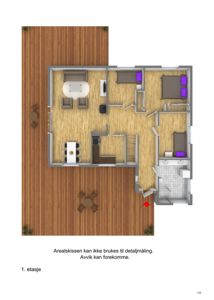 Etasjeplan (1. etasje) med innredning og møbler.