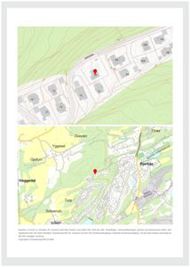 Bildet viser to kart: øverst en detaljert situasjonsplan med høydeforhold og bygningsspor, og nederst et overordnet kart med stednavn og veisystem.